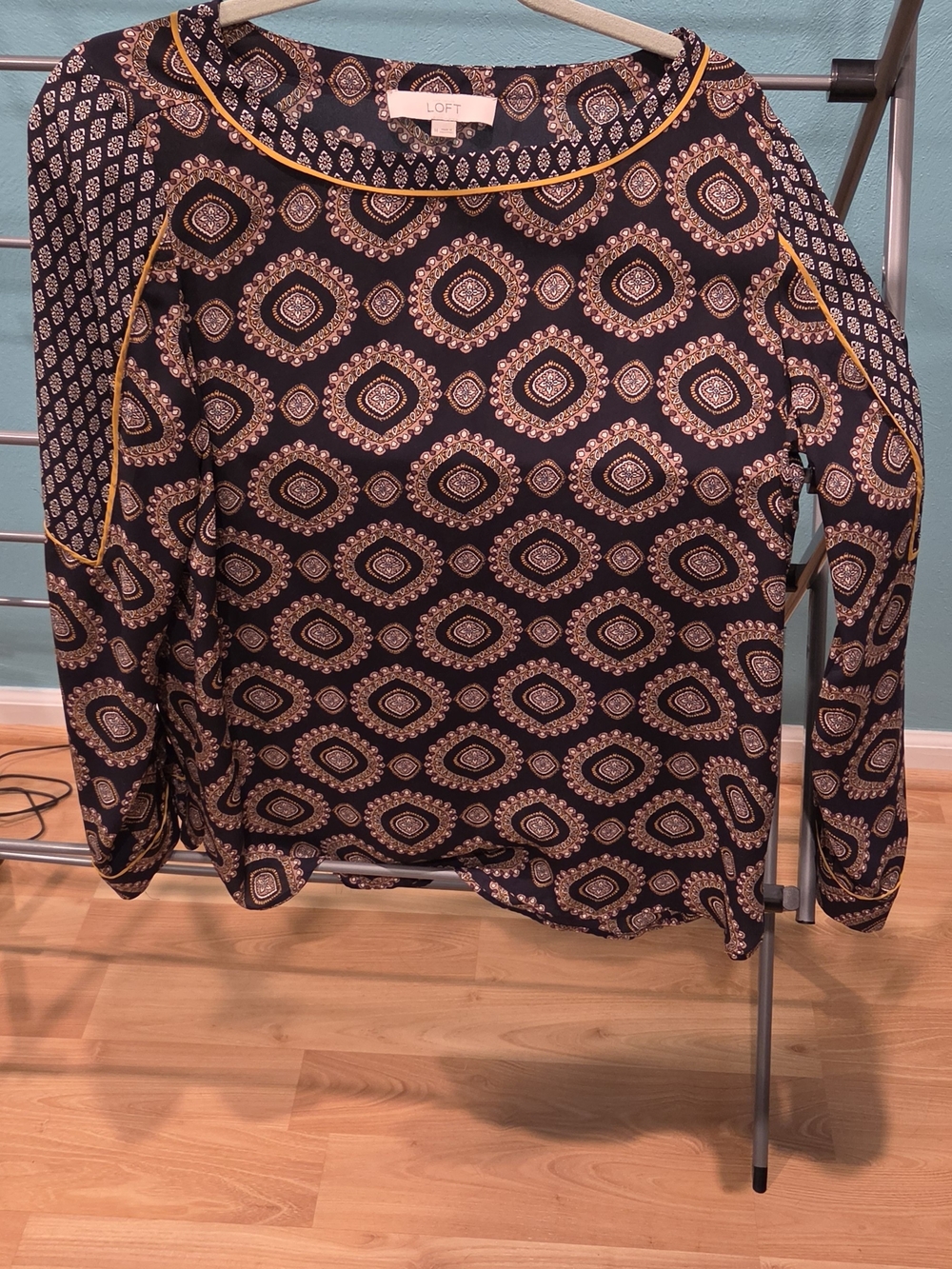 LOFT Navy Blouse with Gold Piping and Cream Medallion Print